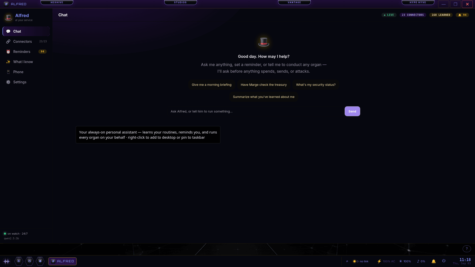 The Alfred assistant surface in HYVE Ether OS: a top-hat emblem with 'Good day. How may I help?', suggestion chips for a morning briefing, treasury check and security status, and a left sidebar with Chat, Connectors, Reminders, What I know, Phone and Settings — plus LIVE, 23 connectors and 168 learned indicators.