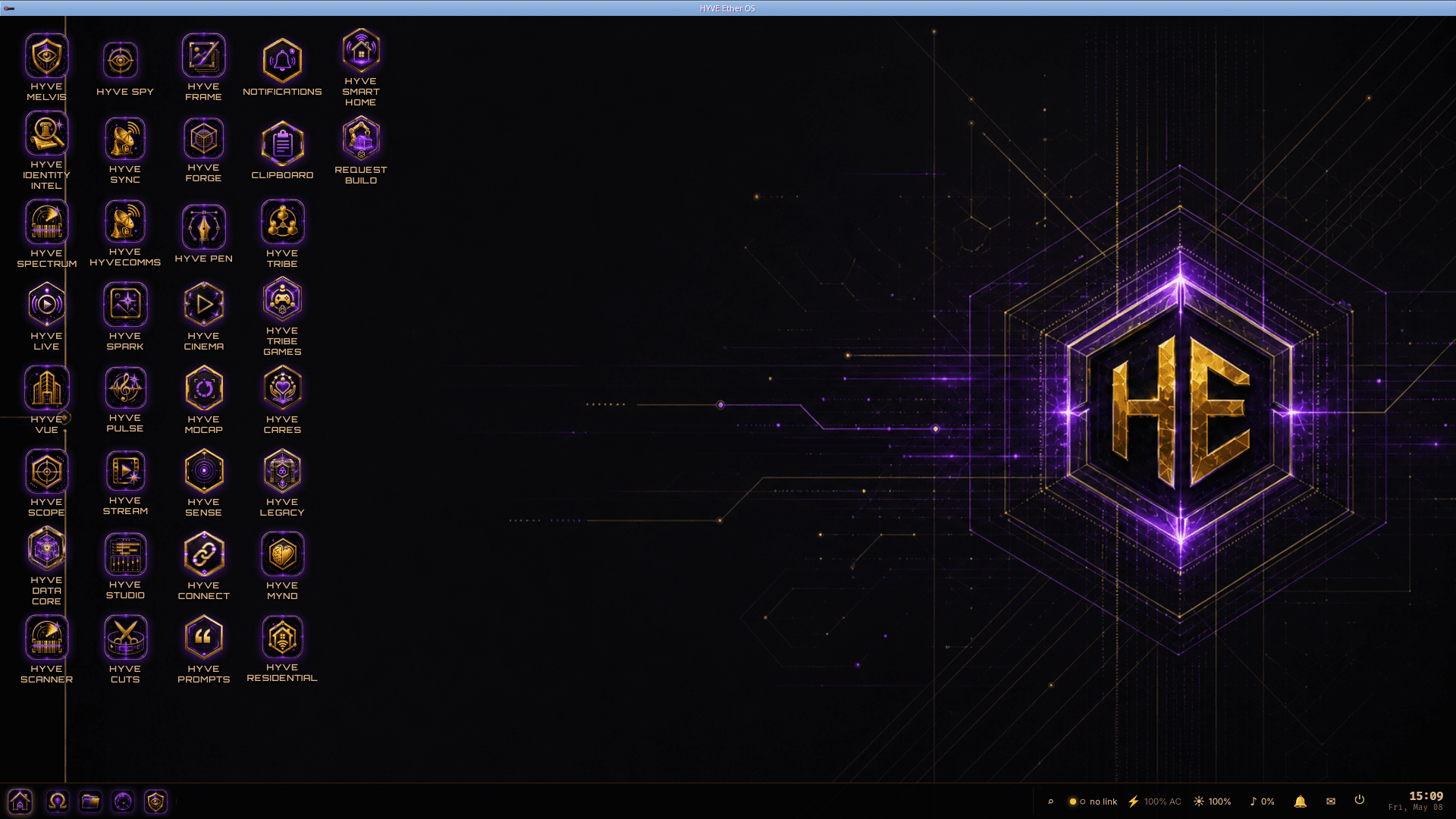 HYVE Ether OS desktop showing the HE hexagonal logo as the centerpiece, surrounded by purple circuit-board lines, with the full app grid of hexagonal app tiles on the left side and the system tray taskbar at the bottom.